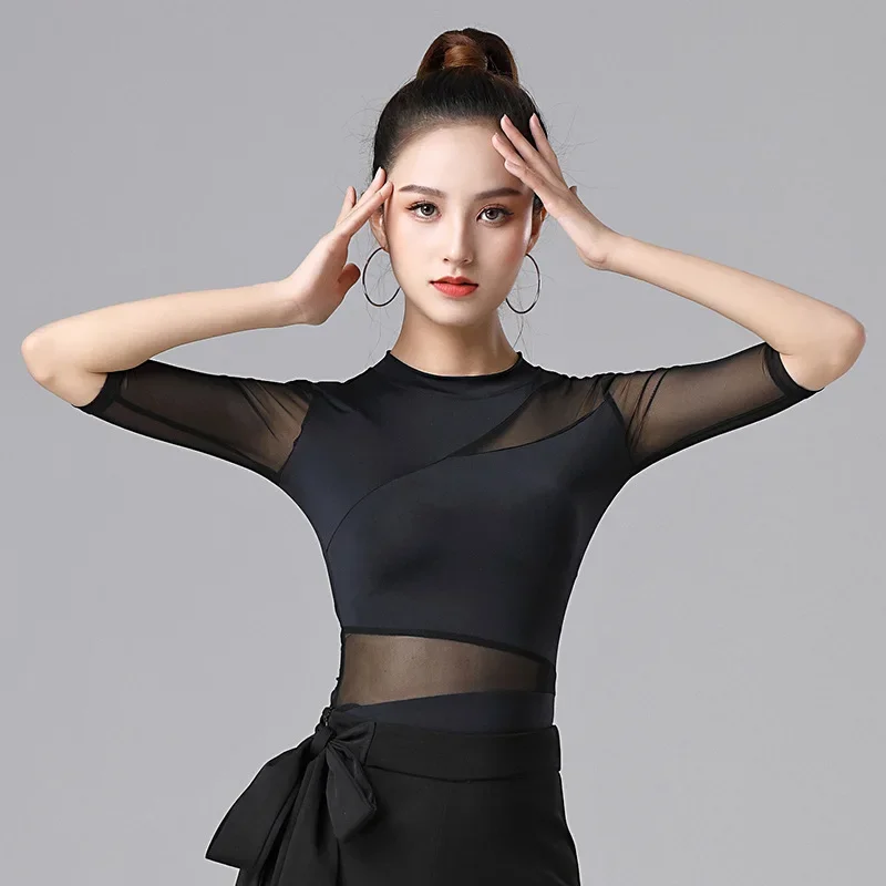 Ladies Dance Tops For Women Ballroom Latin Yoga Crop Tops Shirt Adult Female Sexy Mesh Mid-sleeve Blouse Dance New Black Clothes
