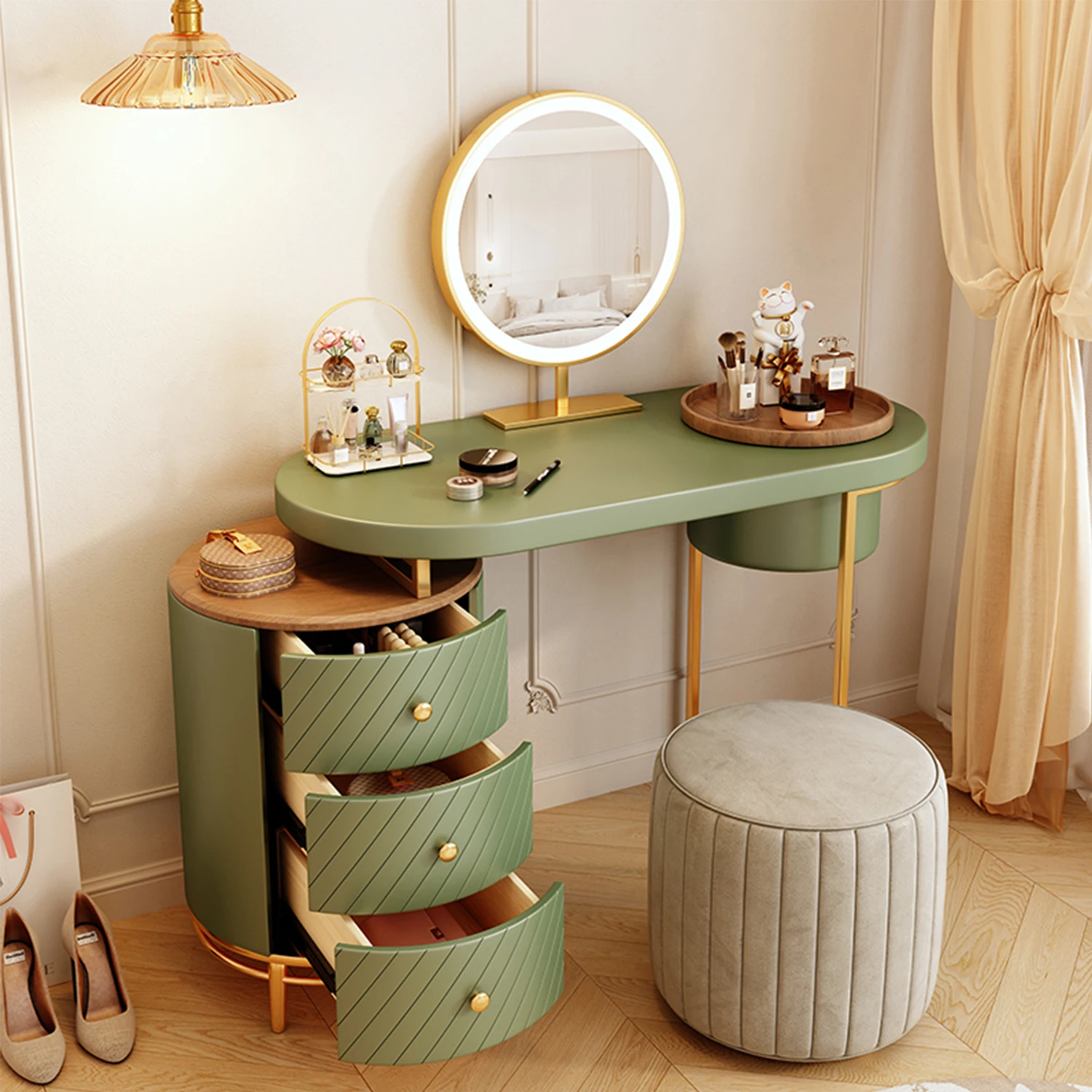 Luxury Bedroom Makeup Vanity Desk Solid Wood Modern Design with Smart LED Light Mirror 3 Drawers-Green Light for Hotels