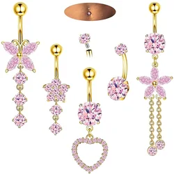 Bobisty 14G Belly Button Piercing Rings for Women Surgical Stainless Steel with Cute CZ Flower Dangle Navel Piercing Jewelry