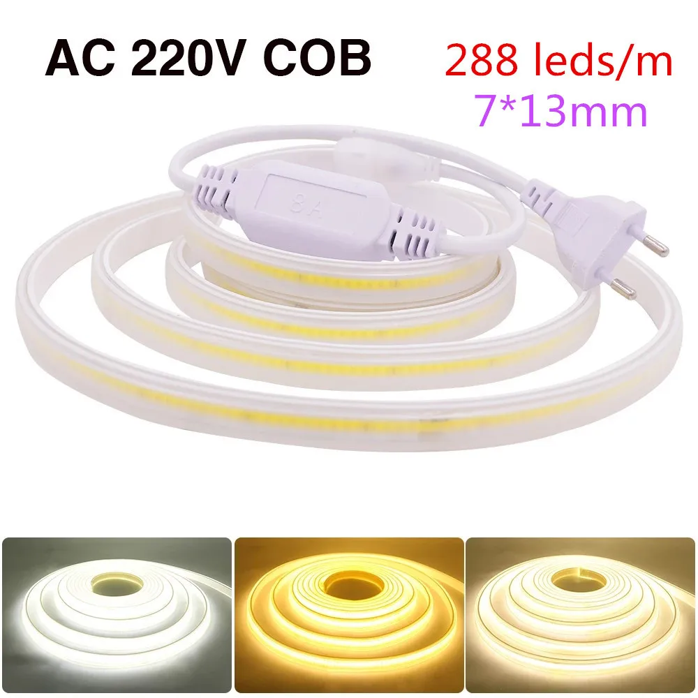 

10/5/4/3/2/1m 220V COB Led Strip Light With Power Plug 288LED/m Super Bright Waterproof CRI 90 Linear Lighting Flexible Ribbon