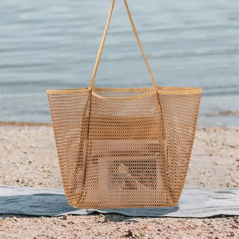 Foldable Mesh Shoulder Bag Breathable Large Storage Portable Shopping Tote For Vacation Travel Casual Daily Carry