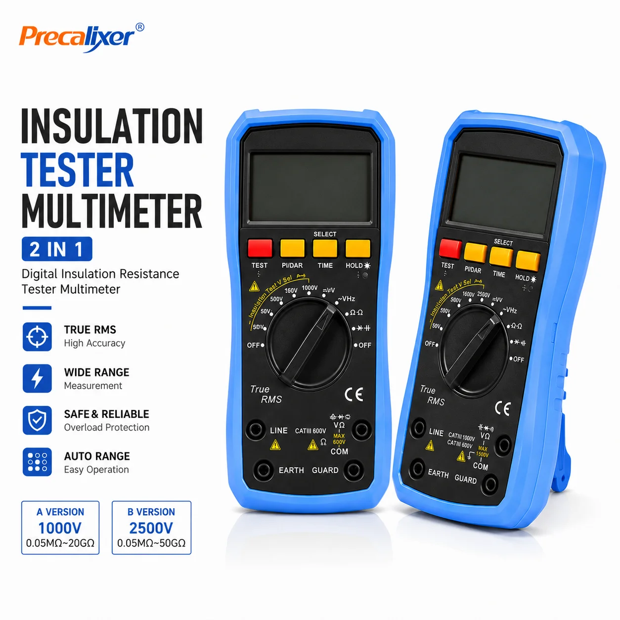 Professional Megohm Meter 2 in 1 Digital Multimeter True RMS Insulation Tester Auto Range AC DC Voltage Resistance Meter 50-250V