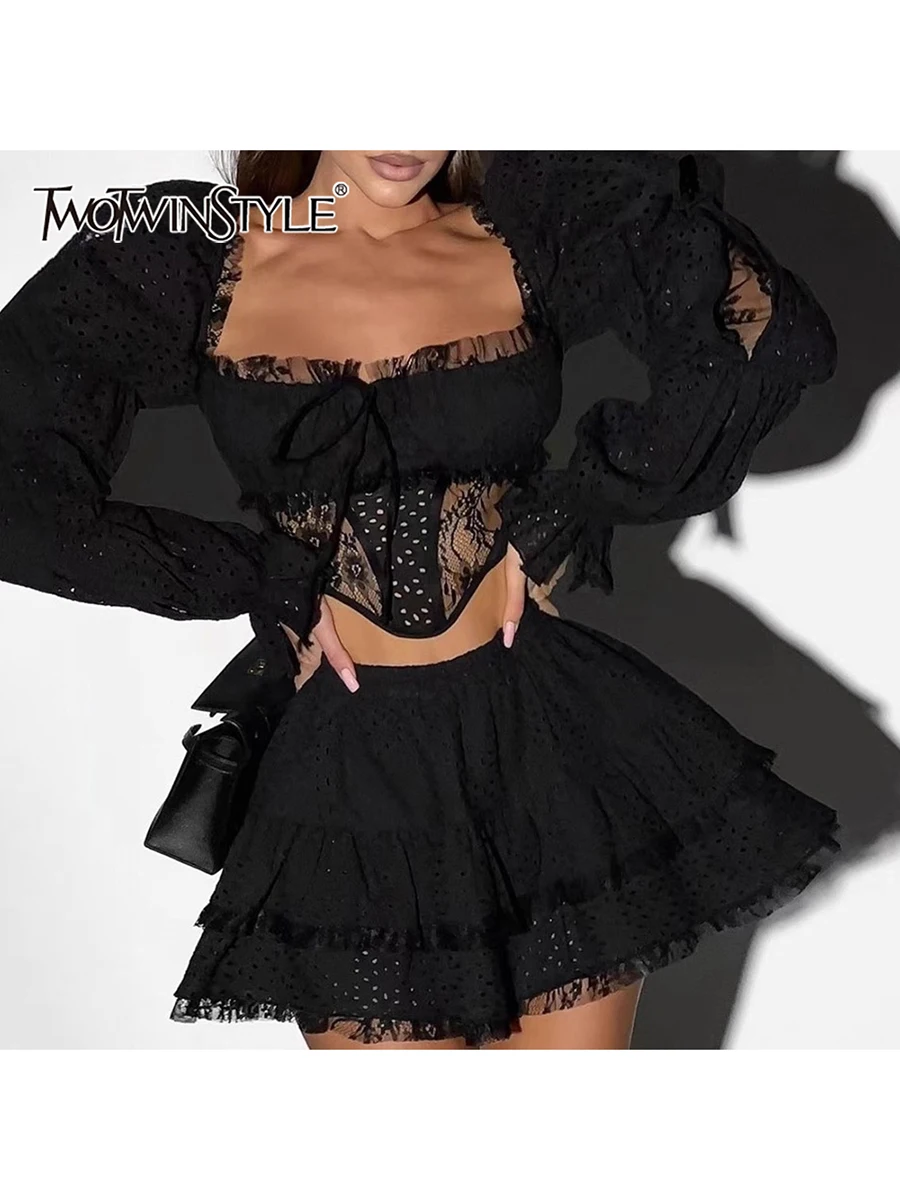 

TWOTWINSTYL Solid Spliced Lace Sexy Two Piece Sets for Women Square Neck Long Sleeves Sheer Top High Waist Mini Skirt Set Female