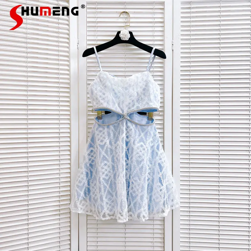 High-End Summer Design Sense Niche Stunning Embroidery Sleeveless Dress Sequin Rhinestone Strip Midriff Outfit Strap Dress