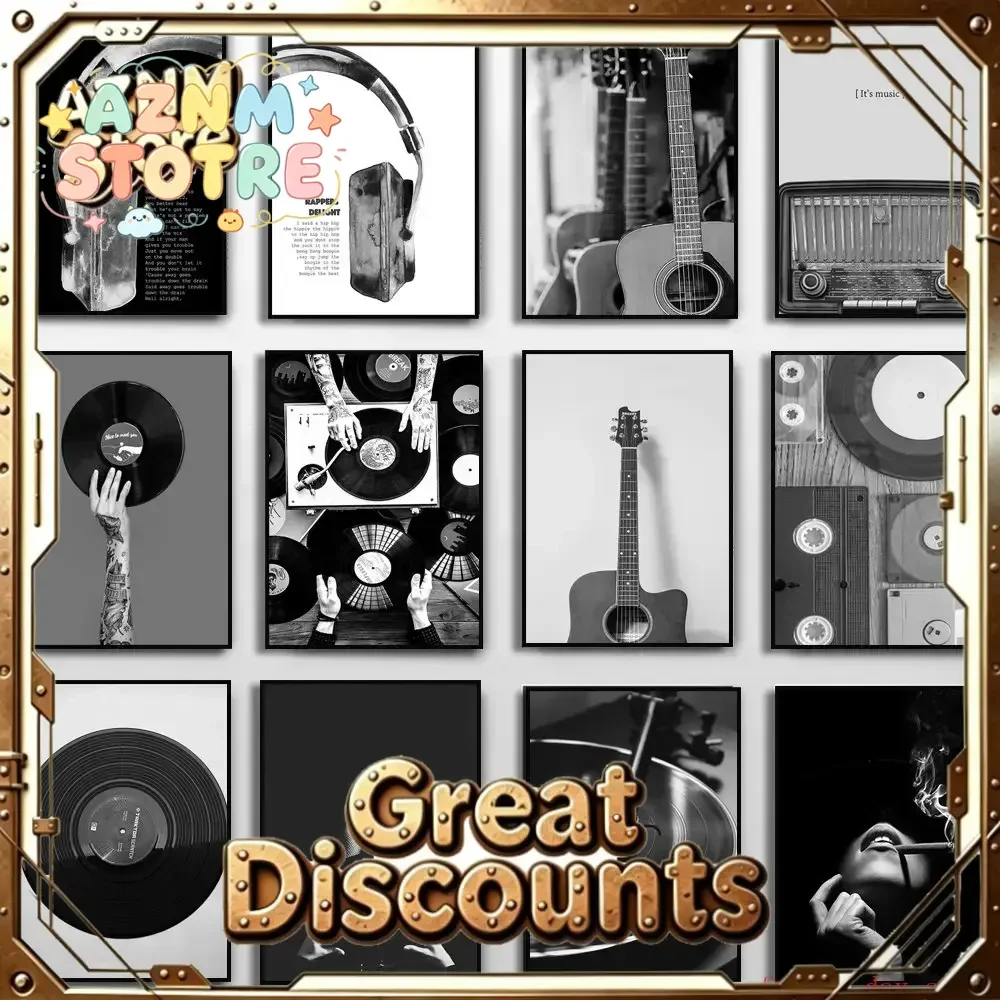 Vintage Canvas Painting Black White Music Vinyl Record Poster Wall Art Photo Headphone Lyrics Prints Music Studio Home Decor