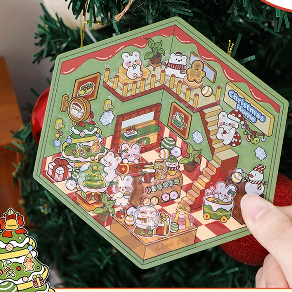1-6Pcs Christmas Style Cartoon DIY 3D Landscape Stickers Pocket Cabin Scene Stacking Pasting Festival Birthday Gift for Child