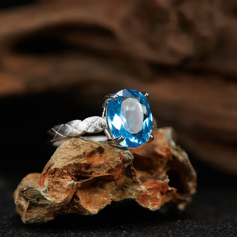 New S925 Sterling Silver Plated 18K Natural Large Carat Topaz ins Wind Geometry Color Treasure Ring Design Women's Wholesale