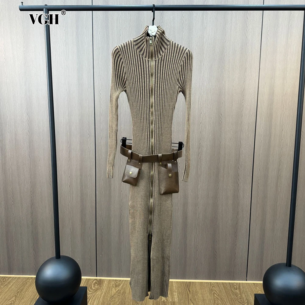 VGH Y2K Solid Patchwork Zipper Knit Dress For Women Turleneck Long Sleeve Slim Spliced Pockets Tunic Maxi Dresses Female Clothes