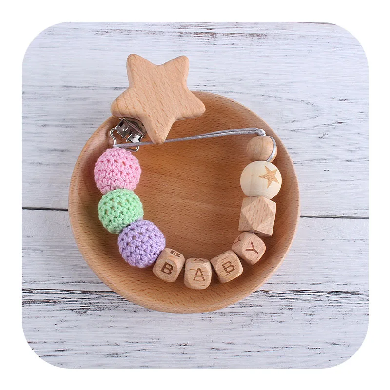 

Baby Custom Name Wood Personalized Name Pacifier Chain Clip Silicone Bead Dummy Nipple Holder Teething Toys Pendant Newborn Gift
