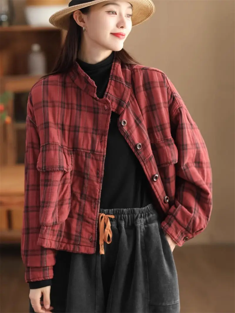 Large Size Women\'s Autumn And Winter Cotton Coat 2023 New Vintage Linen Retro Plaid Quilted Jacket Casual Mujer Chaqueta Z3984