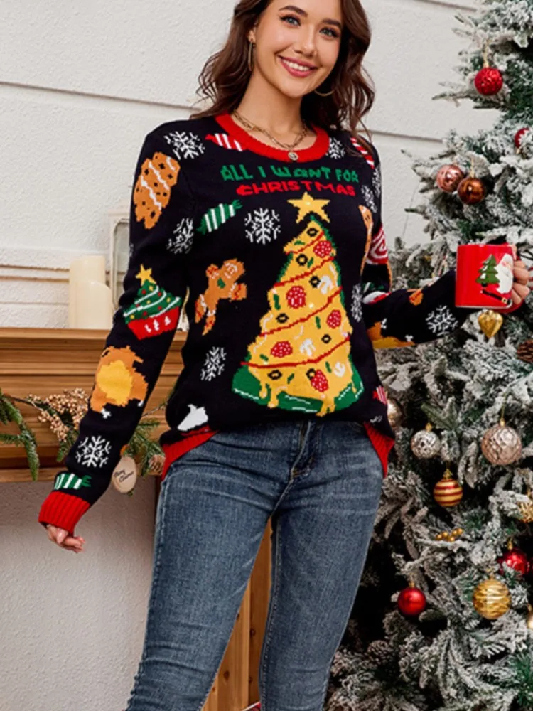 

Christmas Tree Pattern Women's Knitted Pullover Autumn Winter Christmas Fashion O-neck Loose Sweaters Ladies Party Streetwear