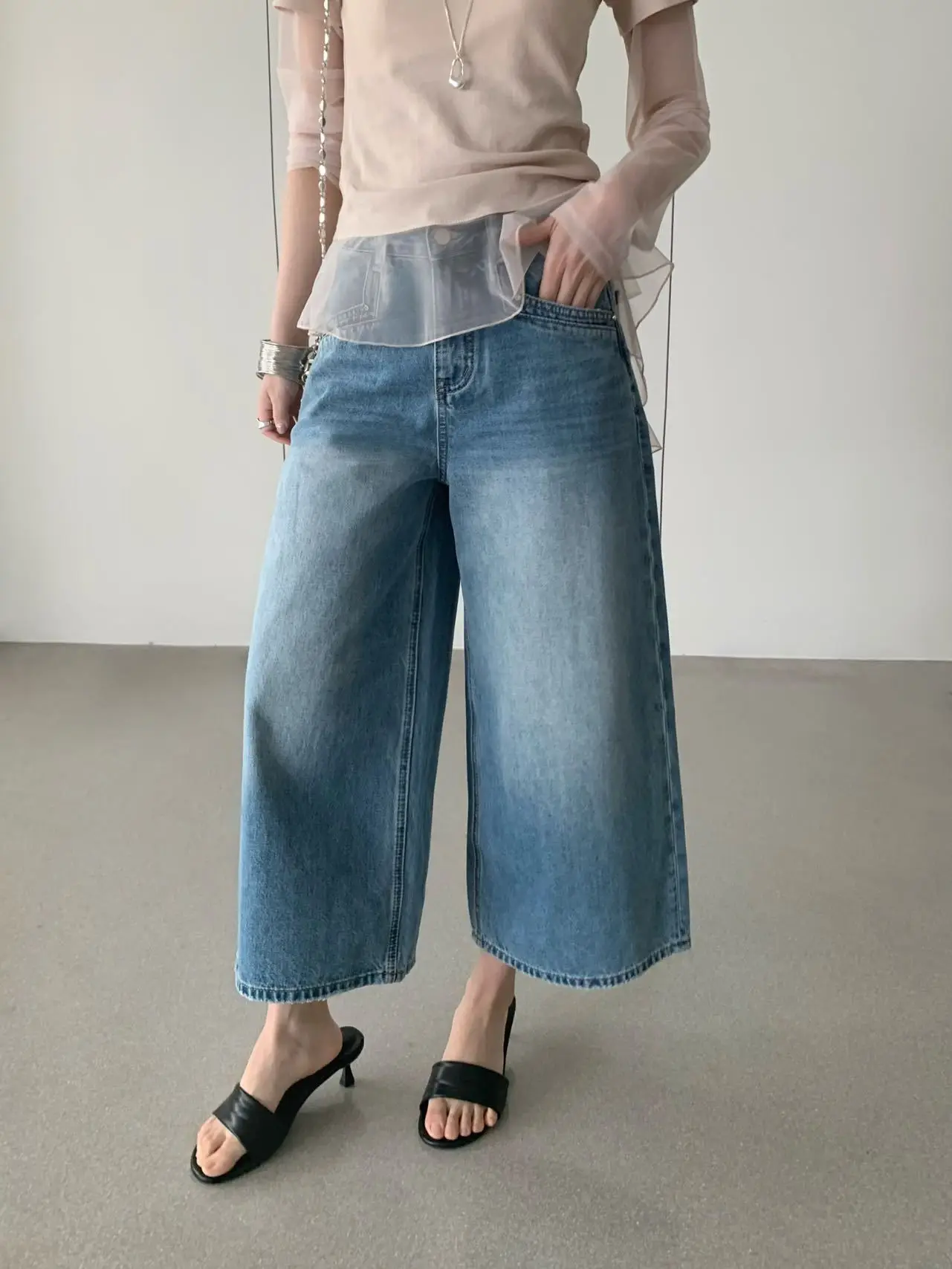 

Lilian High Waist Wide Leg Jeans Korean Style Unique Design Nine Point Pants Ladies Loose Fit Micro Stretch High Waist