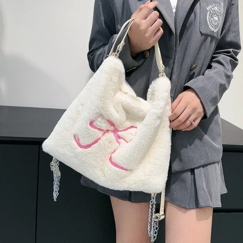 

Casual Bow Embroidery Women's Furry Tote Shoulder Bags Large Capacity Girls Plush Backpack Commuter Female Faux Fur Handbags