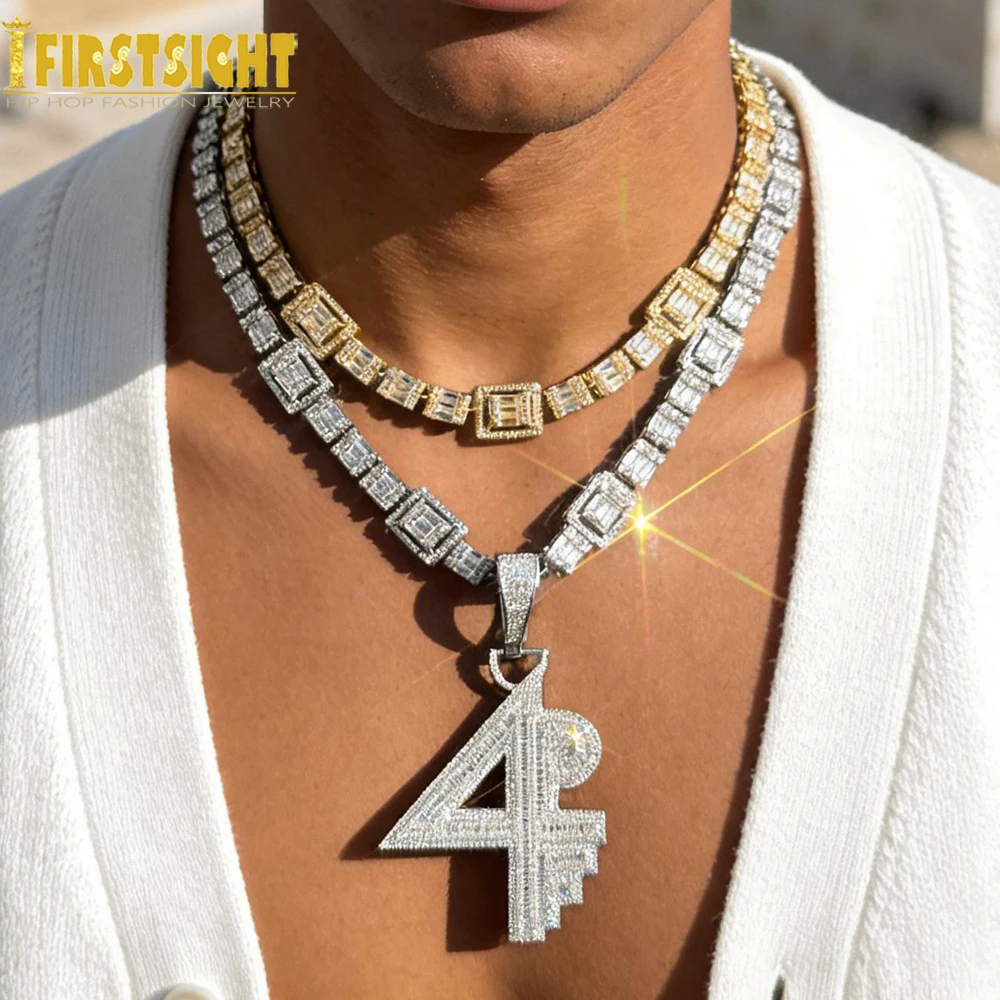 

New Iced Out 4PF Pendant Necklace Bling CZ Cubic Zirconia Letter Charm Tennis Chain Men Fashion Hip Hop Jewelry