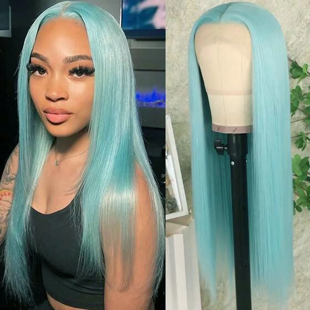 Tiffany Blue 24 Inch Straight Lace Front Wig, Heat Resistant Synthetic Fiber, Natural Hairline, Glueless & Beginner Friendly