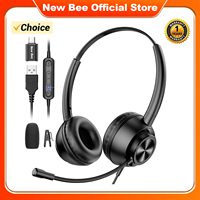 New Bee H368 Call Center Wired Headphones Rotatable Microphone with 3.5mm Type C Adapter for Office PC Stereo Clear Headset