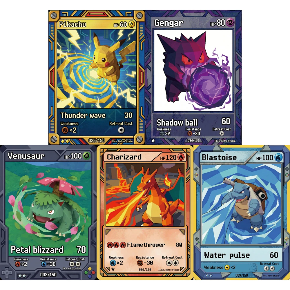 

5 шт. коллекционных карт Pokemon в стиле ретро-игр N64: Gengar, Charizard, Blastoise, Venusaur, PTCG, подарок для любителей Pokemon