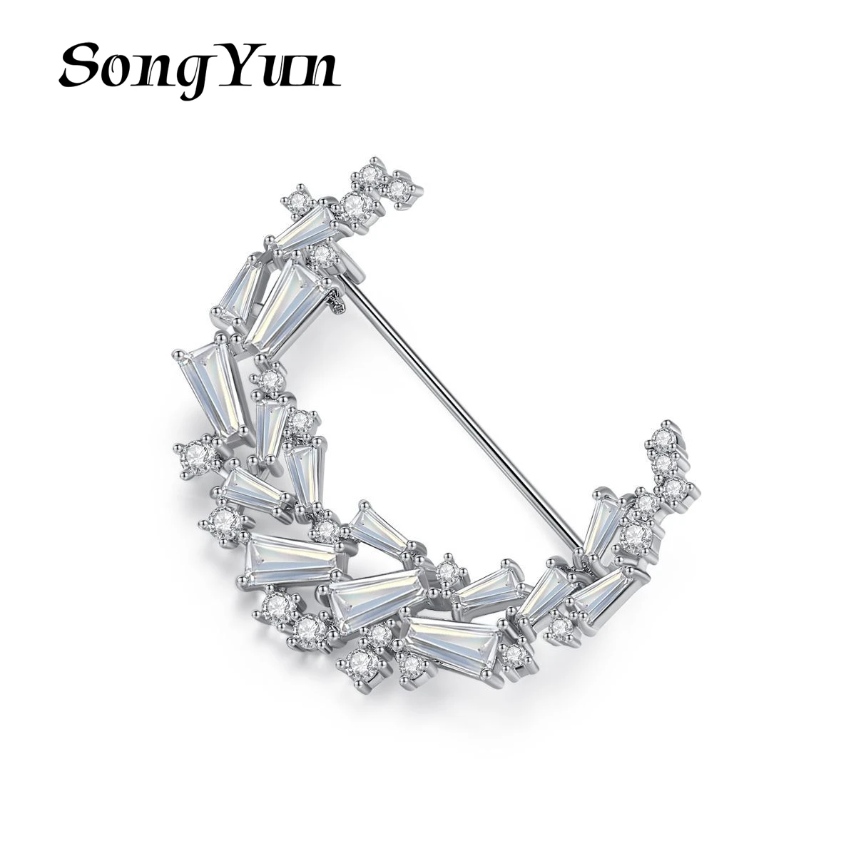 

SongYun Jewelry Manufacturer MHT Moon Design Brooch Pin Rhodium Plated Copper Zircon Clothes Dress Brooches Broach Accessories