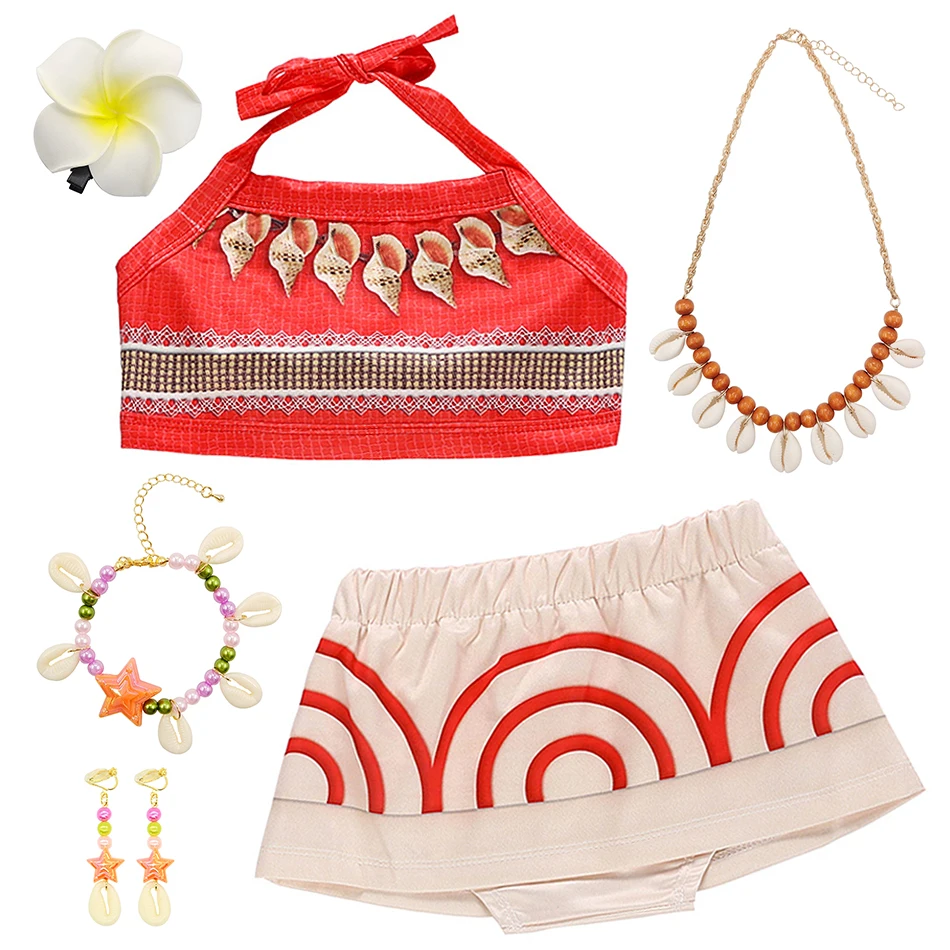 

Toddler Moana Cosplay Costume Set Baby Girls Vaiana Strapless Bellyband Skirt Suits Children Birthday Holiday Role Play Clothes