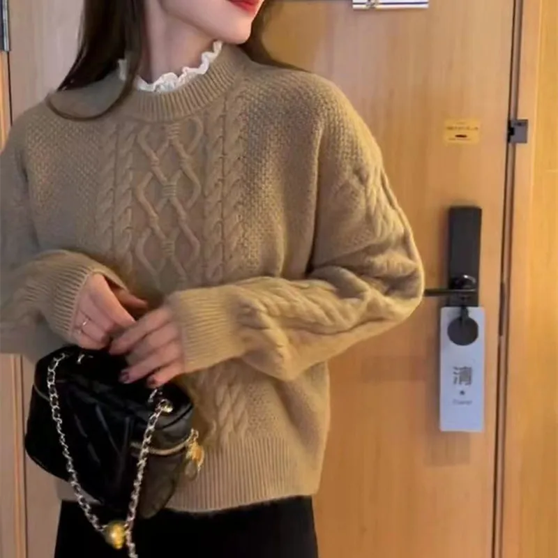 Fake Two-piece All-match Lace Stitching Sweater Sweet College Style Winter and Spring Knitted Top for Women