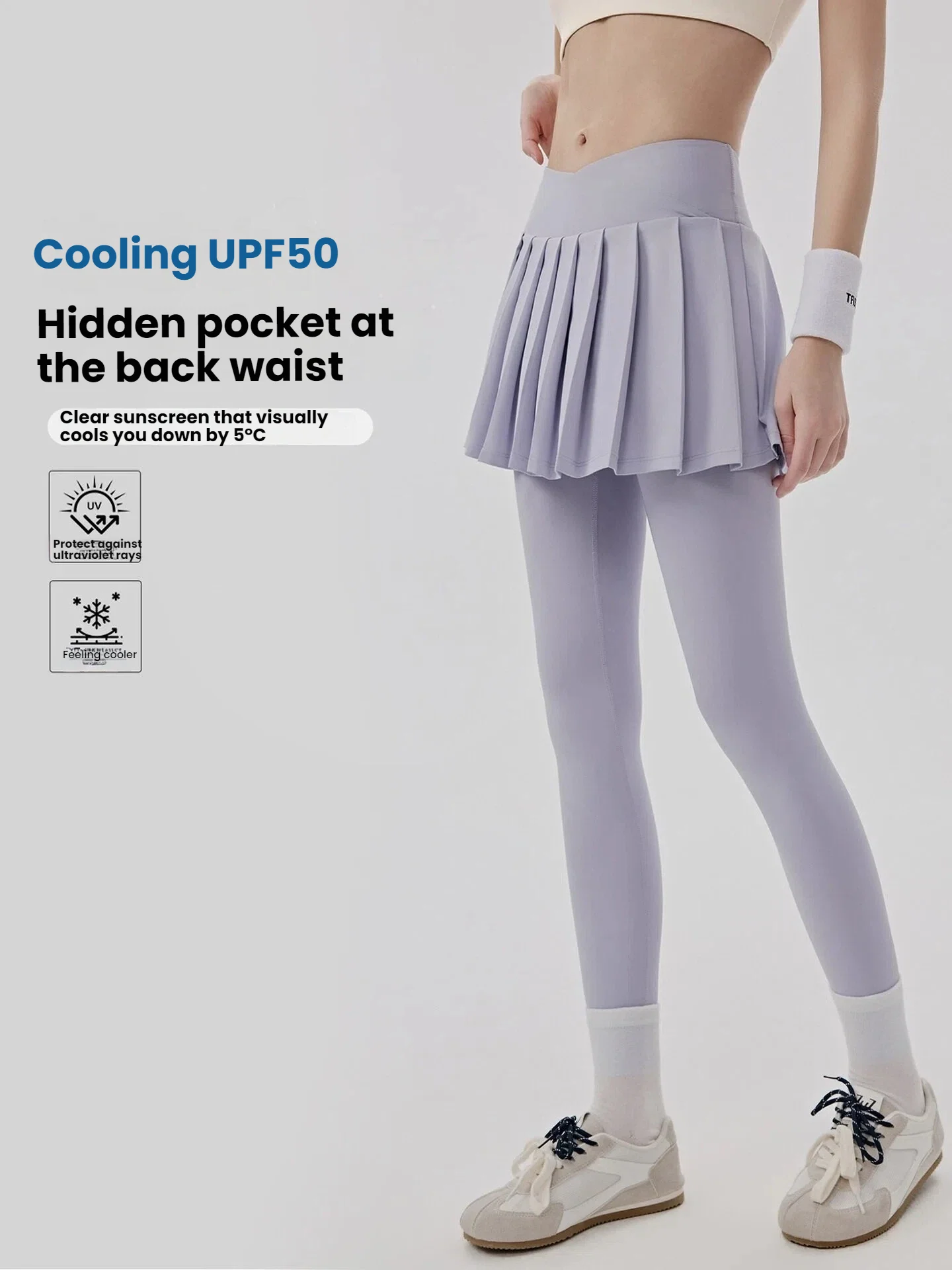 Damen Kühlende Sonnenschutz-Yogahose mit Rock, Fake-Zweiteiler, Anti-Exposure-Taschen, Pilates-Tights, Workout-Leggings für Frauen