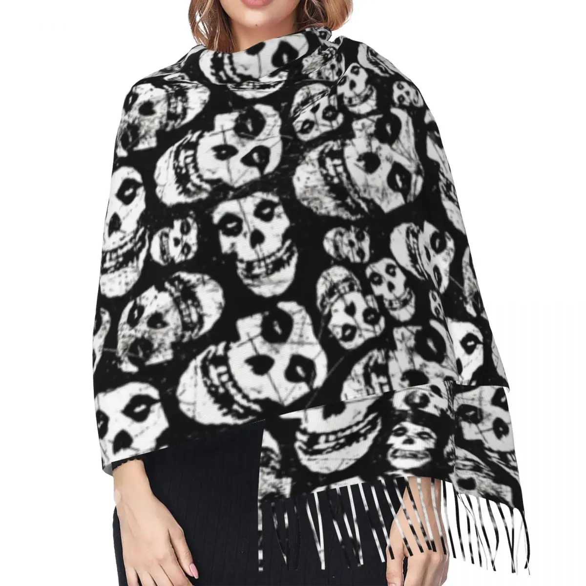 Custom Rock Punk Band Misfits Skull Face Pattern Scarf Wrap for Women Long Winter Warm Tassel Shawl Unisex Heavy Metal Scarves