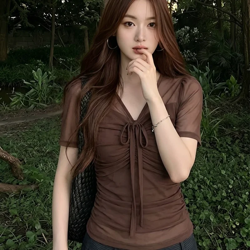 Stunning Mesh Splice V-Neck Short Sleeve T-Shirt Women Summer Pleated Waist-Cinching Design Flattering Waist-Cut Top