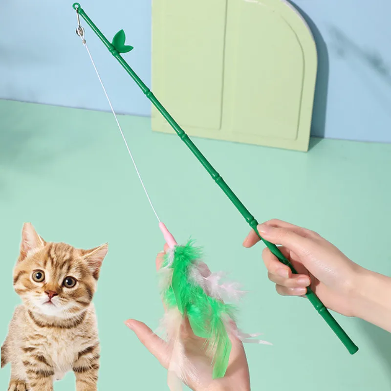 

Green Cute Cat Teasing Stick Funny Panda Bamboo Design Feather Interactive Toys Kitten Teaser Rod With Bell Pet Accessories