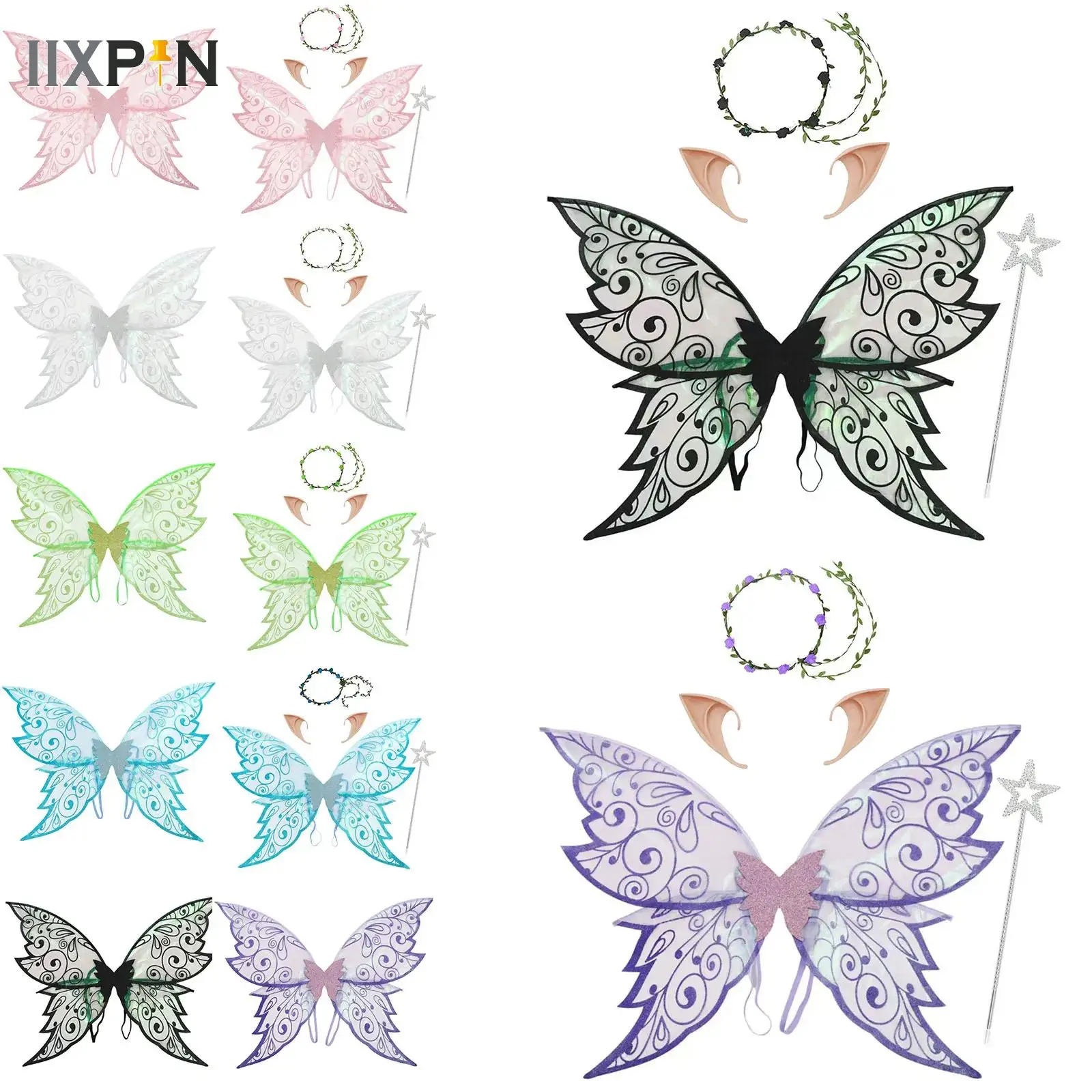 

Women Adults Fairy Wings Girls Glitter Butterfly Fairy Wings+Fairy Ears+Garland+Wand for Halloween Cosplay Costume Accessories