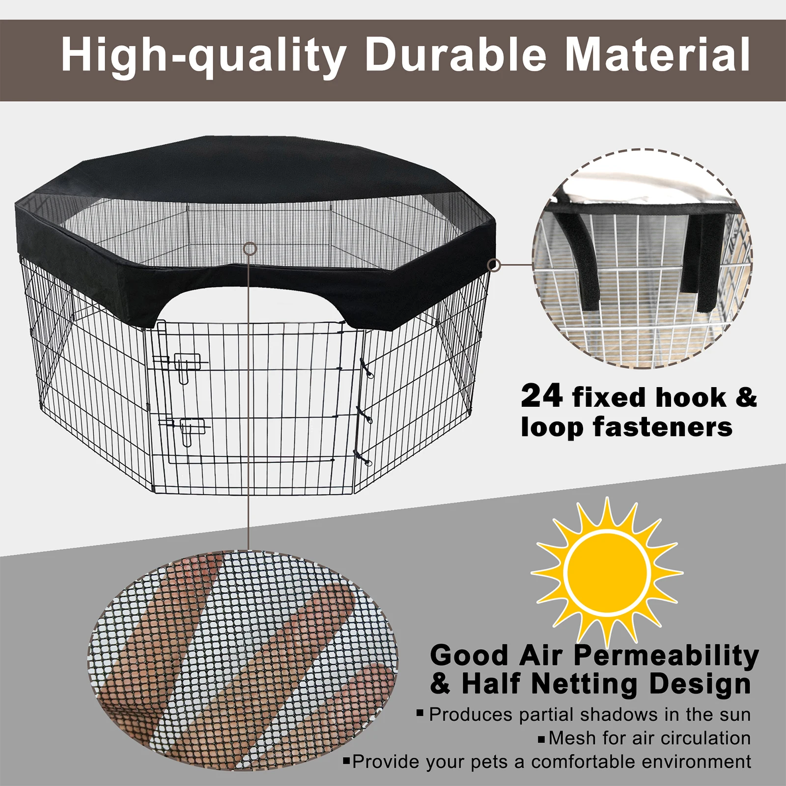 24 Inch Pet Playpen Cover 8 Panels Octagonal Pet Fence Mesh Cover Dog Playpen Sun Protection Shade Cover Waterproof Dog Playpen