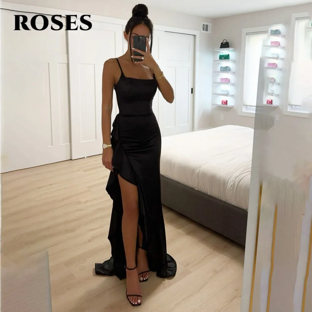 

ROSES Black Sexy Prom Dresses Scoop Spaghetti Straps Evening Gown Satin Side High Split Formal Gown for Woman 프롬 드레스 Customized