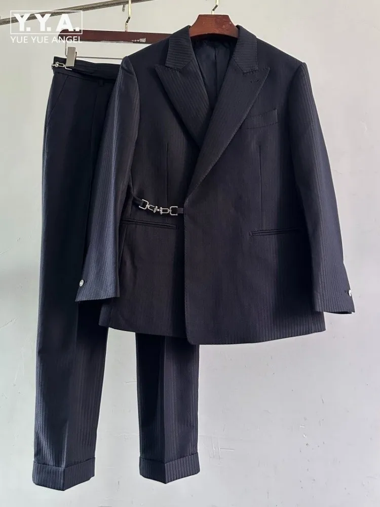 Italian Designer Mens Vintage Striped Dress Suit Set Wedding Metal Buckle Blazer Jacket Pants Two Piece Set Business Work Suit