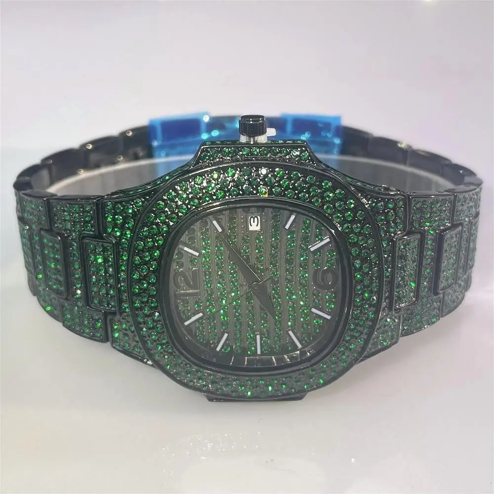 MISSFOX Fashion Green Iced Watch For Mens Stainless Steel Waterproof Quartz Clock Man Hip Hop Diamond Jewelry Wristwatch Reloj