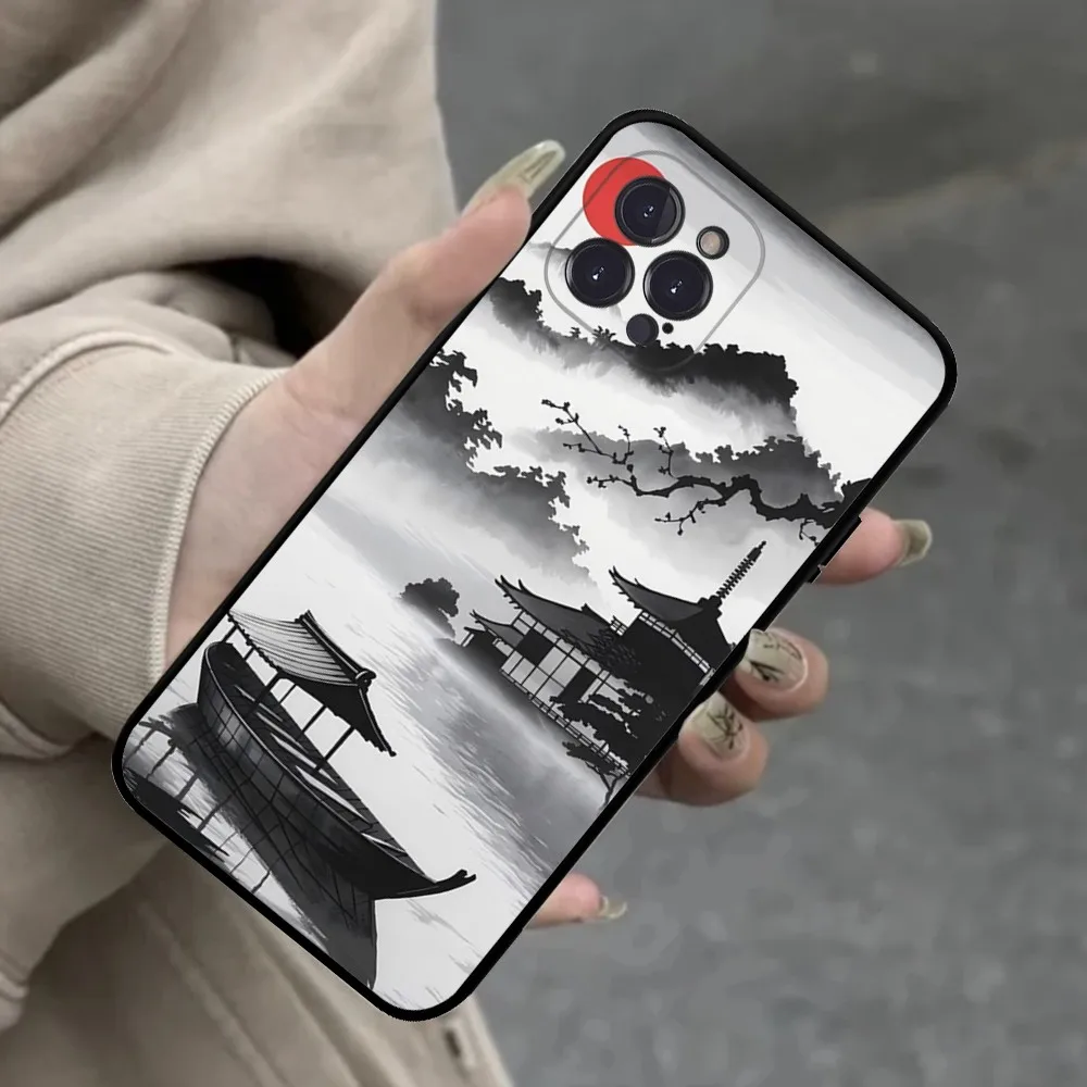 Ink And Wash Landscape Phone Case For iPhone 16 15 14 13 12 Mini 11 Pro XS Max X XR SE 6 7 8 Plus Soft Silicone Cover