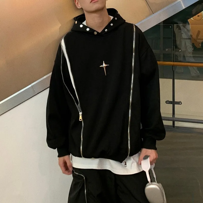 Harajuku Hoodies Man Woman Y2k Retro Star Zipper Design Loose Hooded Sweatshirt Unisex Casual Spring Autumn Pullovers Street