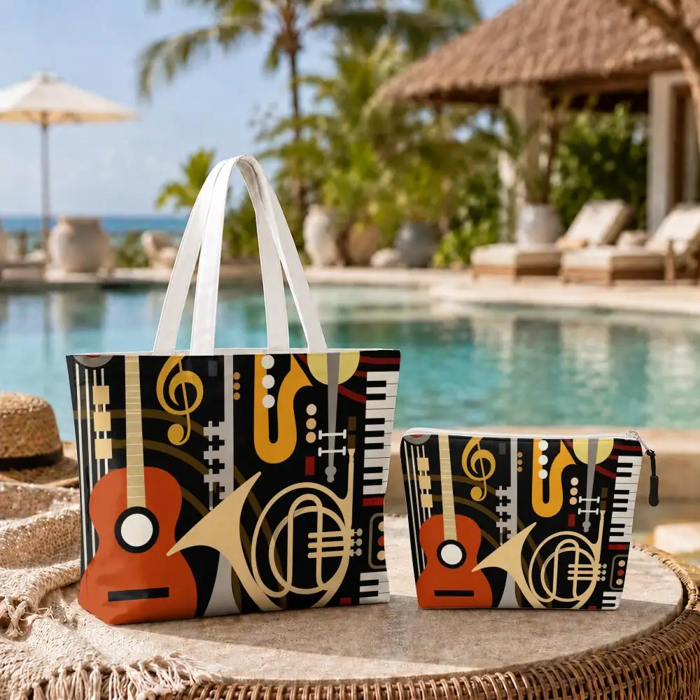 Musical Instruments Storage Bags 2-Piece Set Double-Sided Print with Zipper Canvas Eco Tote Bag for Beach Travel Picnic
