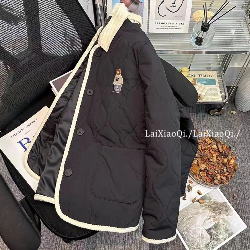 Women's Color Blocking Turn-down Collar Little Bear Embroidery Cotton Coat New Loose Short Jacket Warm Quilted Winter Coat Parka