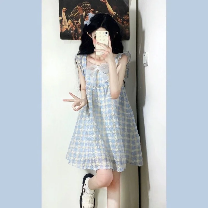 Chic Sweet Spicy Fairy Skirt Summer Japanese Small Fresh Sweet Small Milk Blue Bow Dress Woman