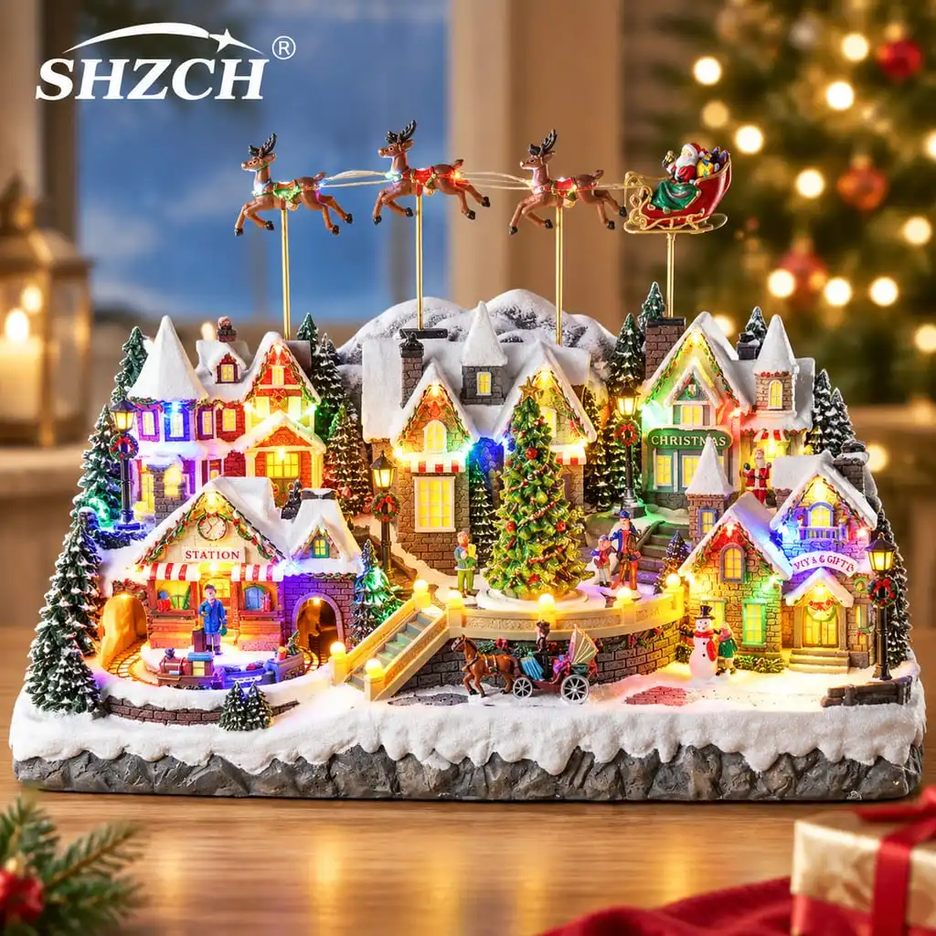 New Christmas Gift, Old Man Snow Mountain Light Train Flying Deer Large Collection Music Box Ornaments, Creative Decorations