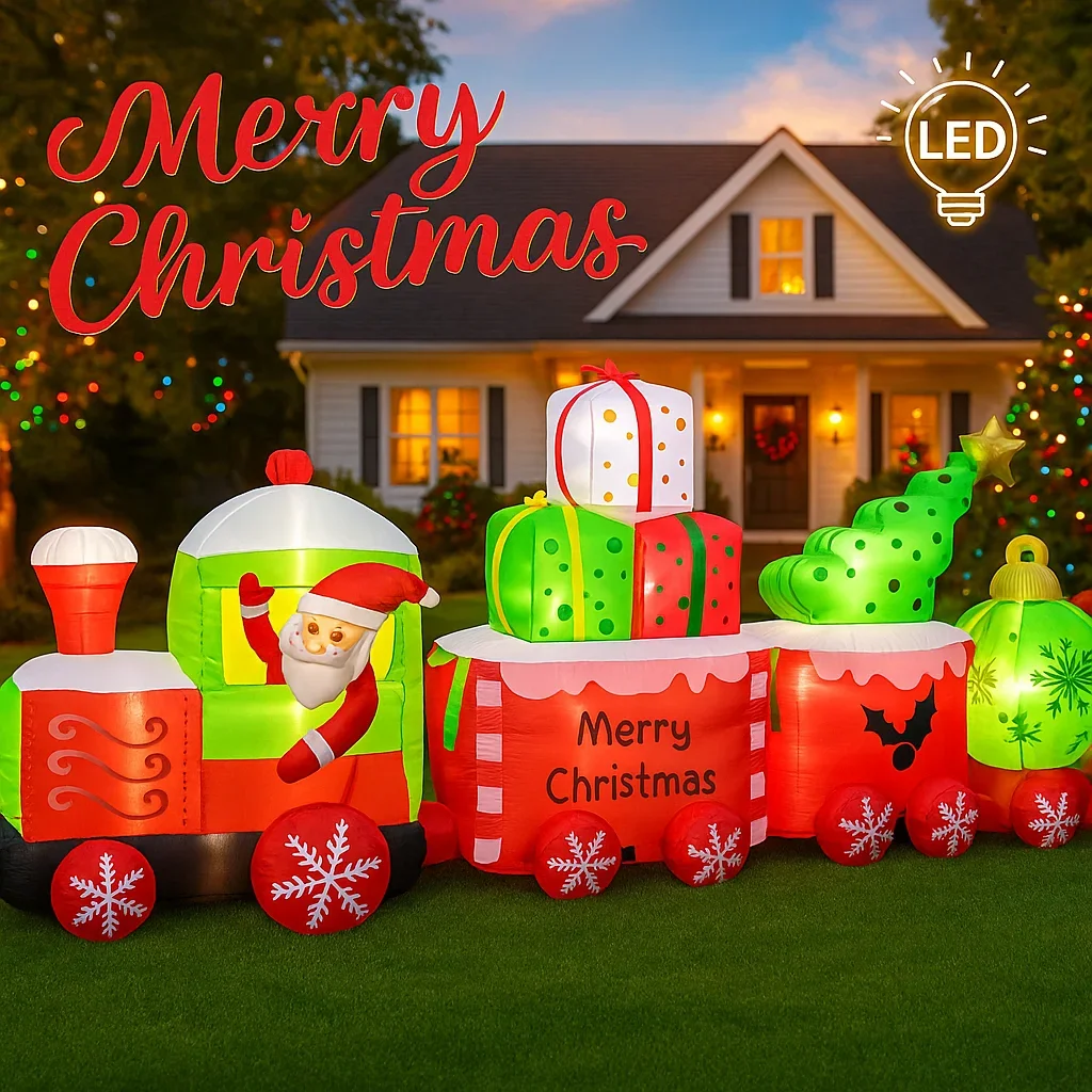 

Светодиодная надувная игрушка 11,8 футов, рождественский поезд с подарками Санта-Клауса, рождественские украшения для двора, рождественские принадлежности, украшения для дома