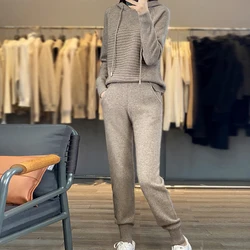 Fashion Suit Autumn Winter 100% Merino Wool Knitted High Quality Sweater Women Tops And Sports Pants Two-Piece Female Girl Cloth