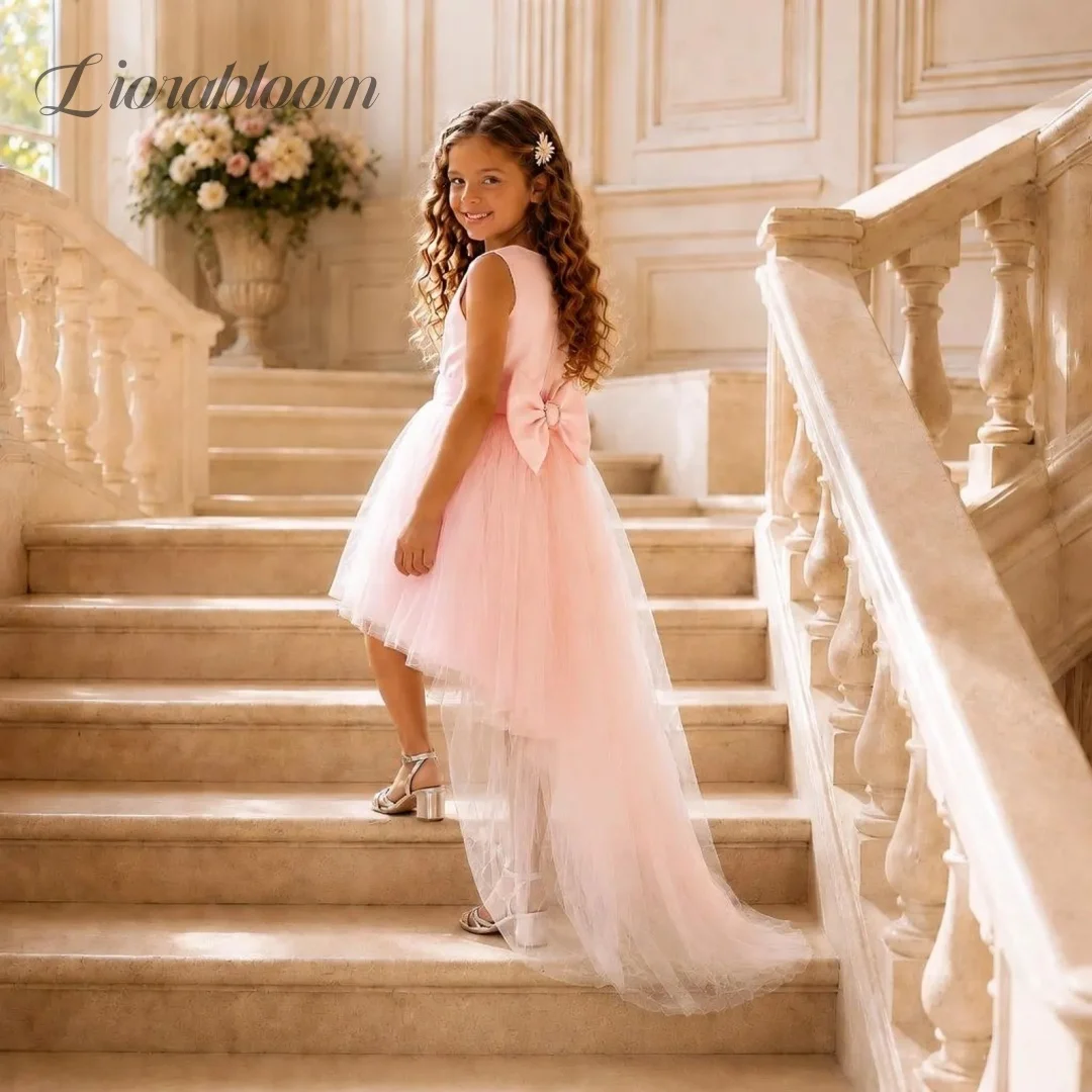 Customized Blush Pink Ombre Kids Birthday Dress Girls Tube Top Tulle Dress with 3D Flower Corset White Puffy Skirt