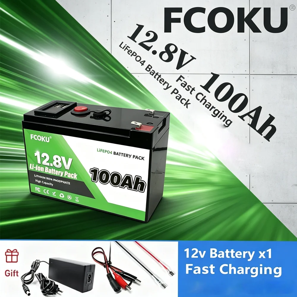 FCOKU 12.8V 100Ah LiFePO4 Battery Pack  with Built‑in BMS USB Port for Power Wheels, Scooter, Fish Finder, Include 12.6V Charger