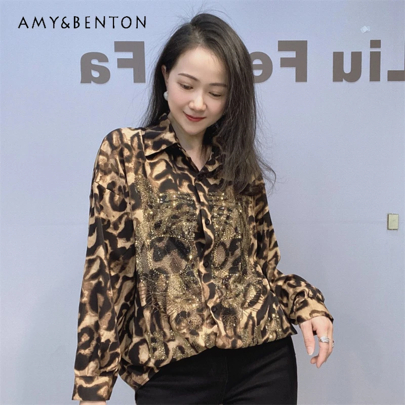 

Women's Casual Loose Y2k Leopard Print Long Sleeves Shirt Women's Summer Thin Chiffon Diamond Drills Tops Single Breasted Blusas