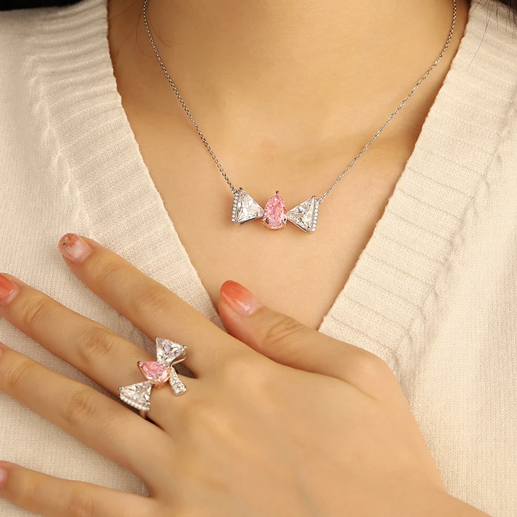 S925 Silver Fairy Pendant Necklace Bow Tie Style High Pink Diamond 3CT Jewelry For Women Wear Girls