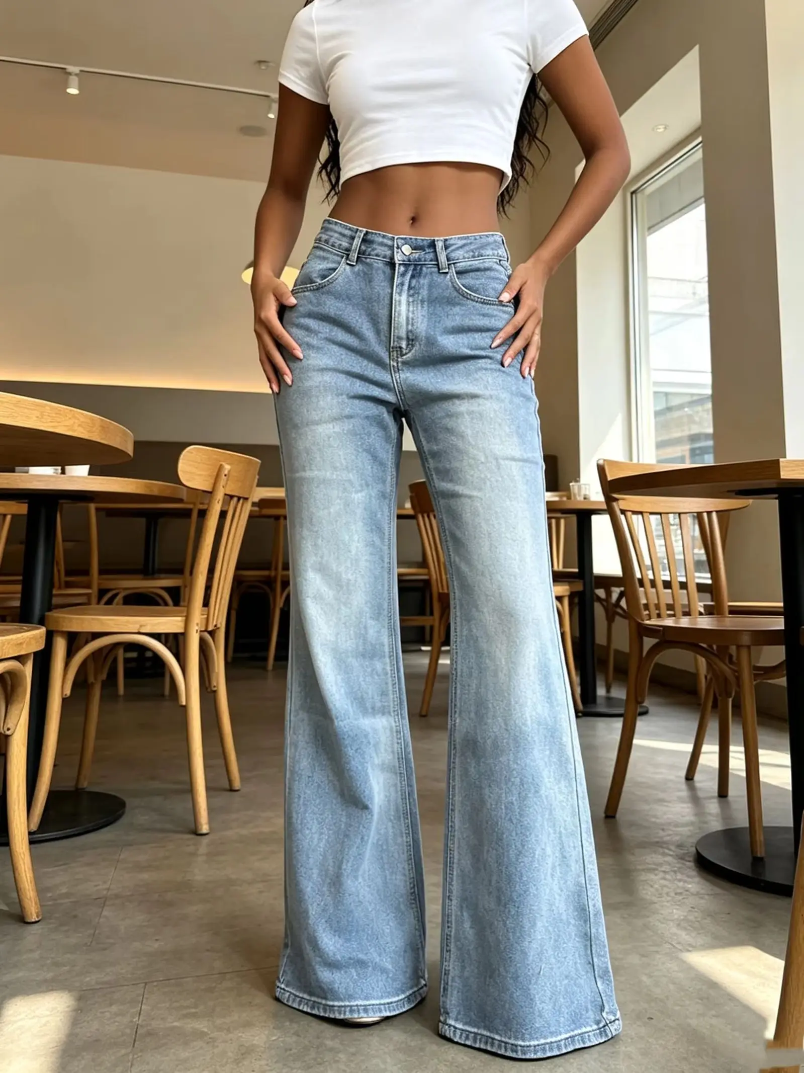 Spring Light Blue Washed Flared Jeans for Women American Retro High-Waisted Faded Gradient Color Height-Enhancing Leg-Lengthening Denim Pants