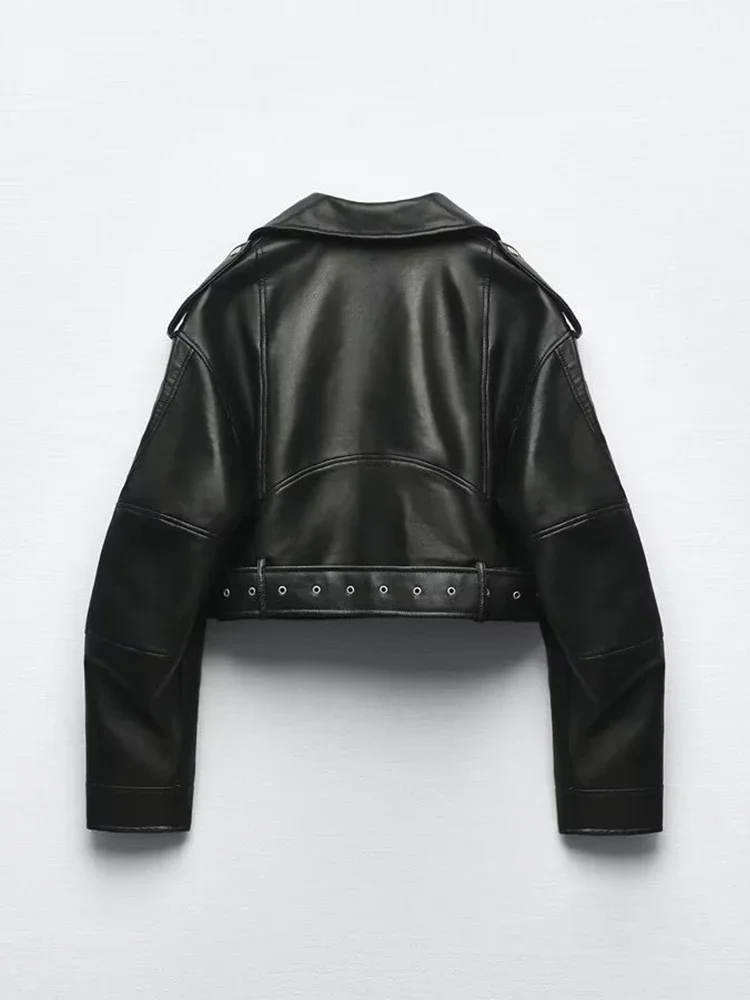 Spring Autumn Women Faux Pu Leather Short Jacket with Belt Motorcycle Biker Female Zipper Lapel Loose Coat Outwear Women