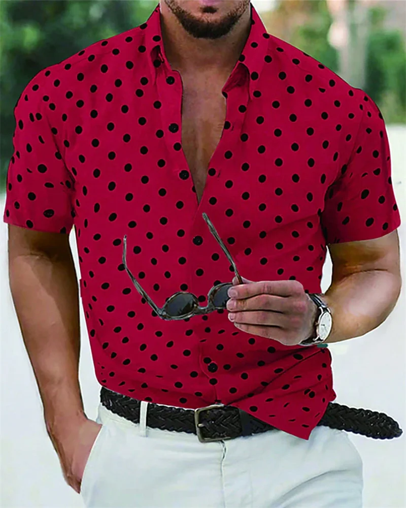 Men's shirt summer beach shirt black and white short sleeve polka dot lapel vacation clothing fashionable casual comfortable 5XL
