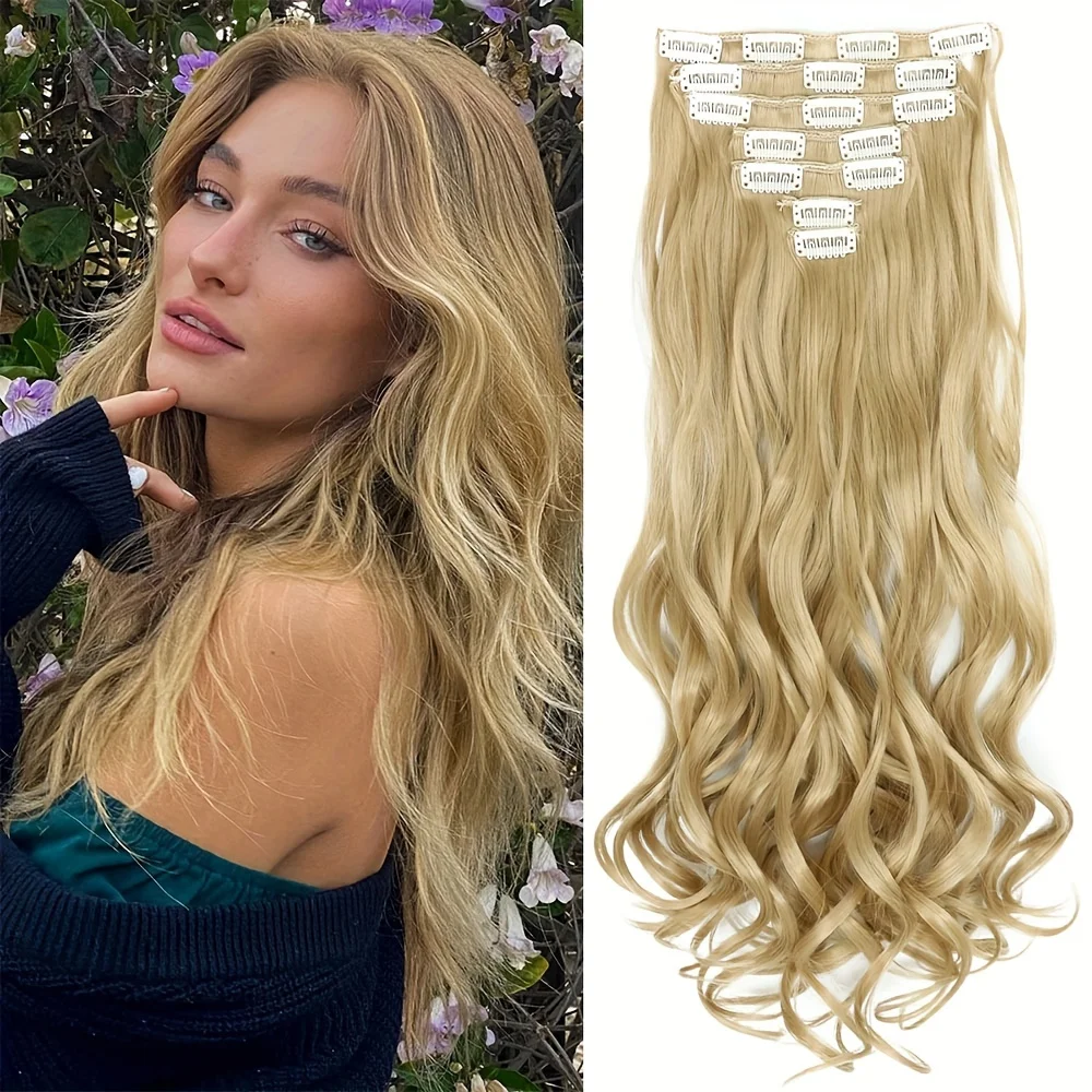 

7PCS/Set Hair Extensions 16 Clips Long Curly body wave Synthetic wigs Clip In Blonde Hair Extension women Hairpiece accessories