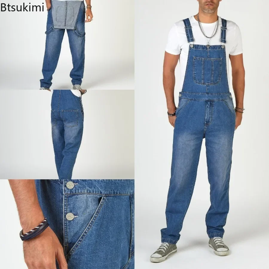 2024 Men's Denim Bib Pants Washed Full Length Jeans Jumpsuits Hip Hop Straight Jeans Overalls for Men Streetwear Male Jumpsuit
